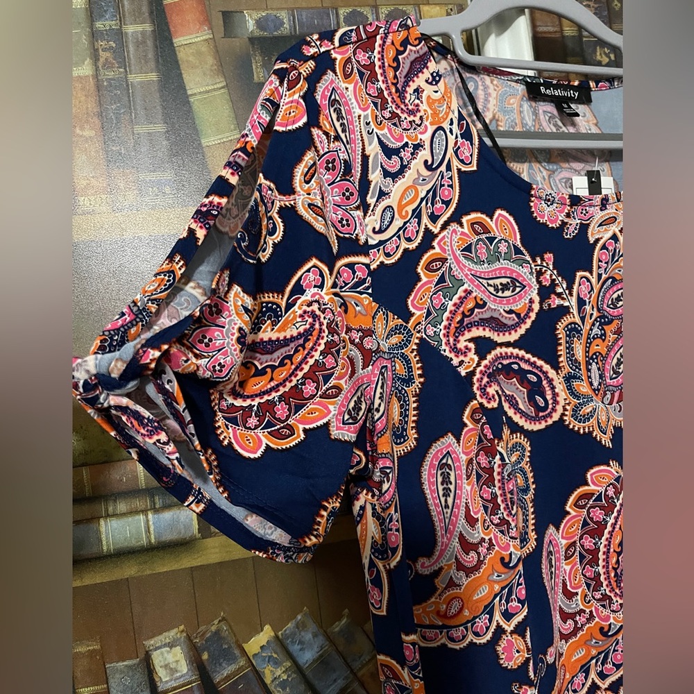 Relativity Blue and Orange A-line Puff Sleeve Dress - Picture 5 of 5